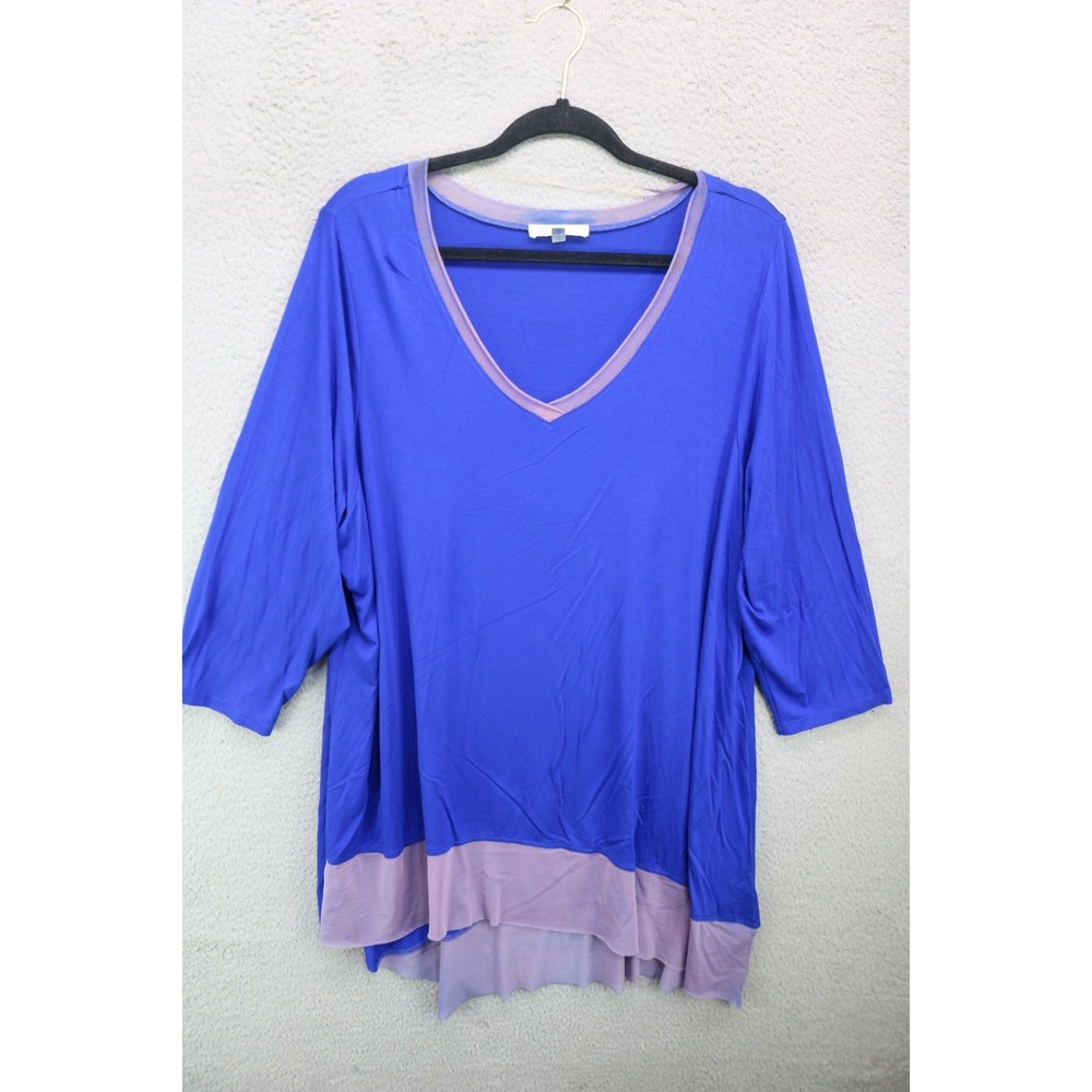 Spense 3/4 Sleeve Royal Blue & Purple Mesh Trim Tunic-1X-Viscose-Soft-Comfy